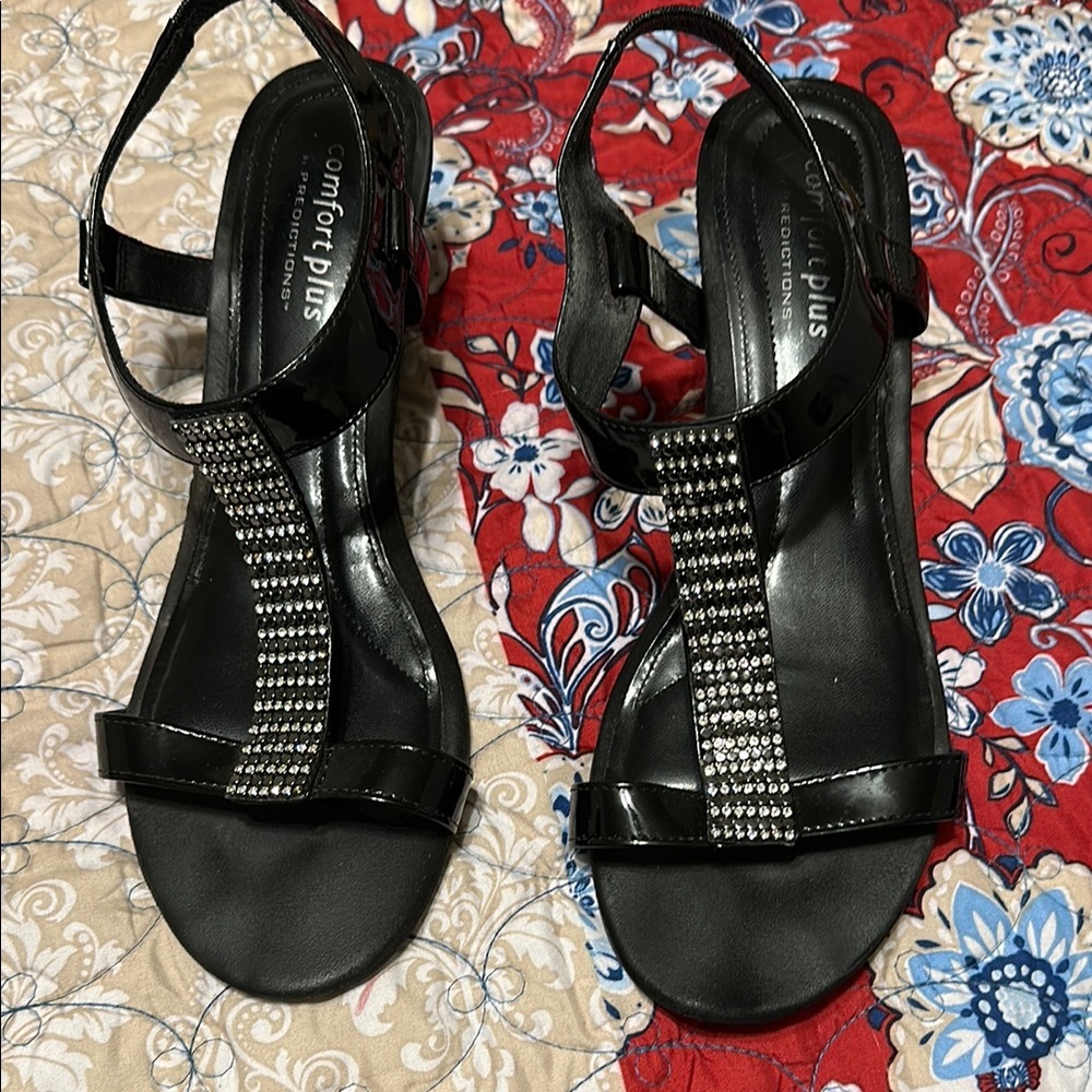 Comfort Plus by Predictions Black Rhinestone Sandals 11W